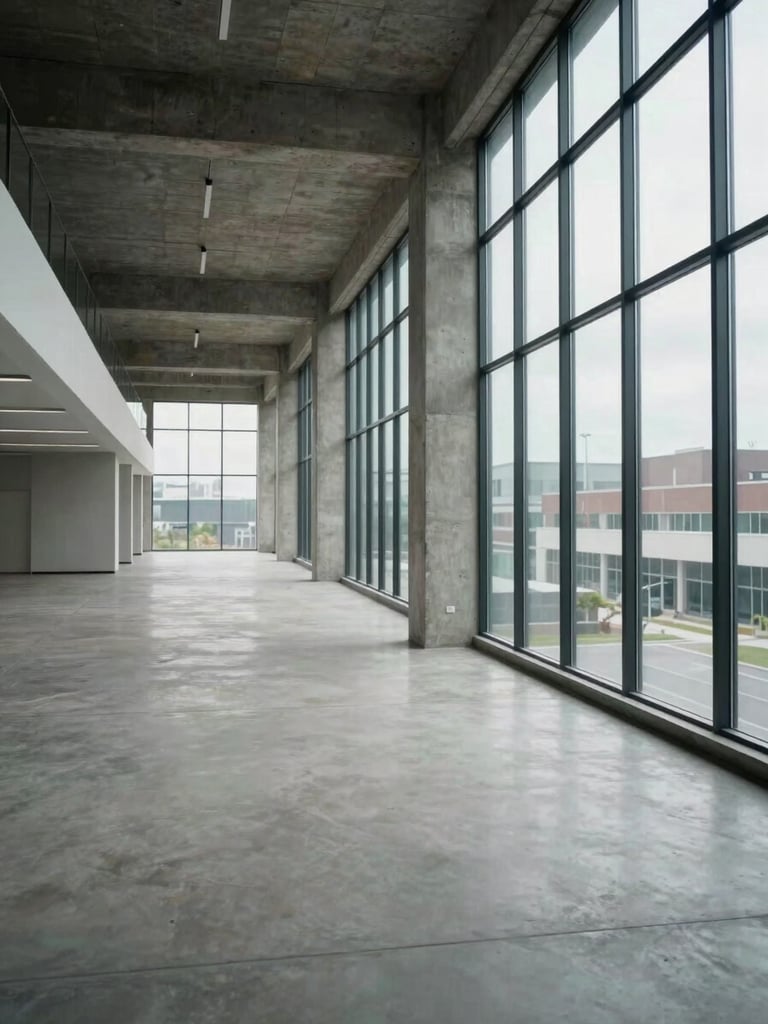 Wide interior corridor of a vacant commercial office building, overcast daylight filtering through floor-to-ceiling windows on the right, concrete columns receding into depth, empty floor space suggesting structural potential, photographed as a site visit — no people, no signage