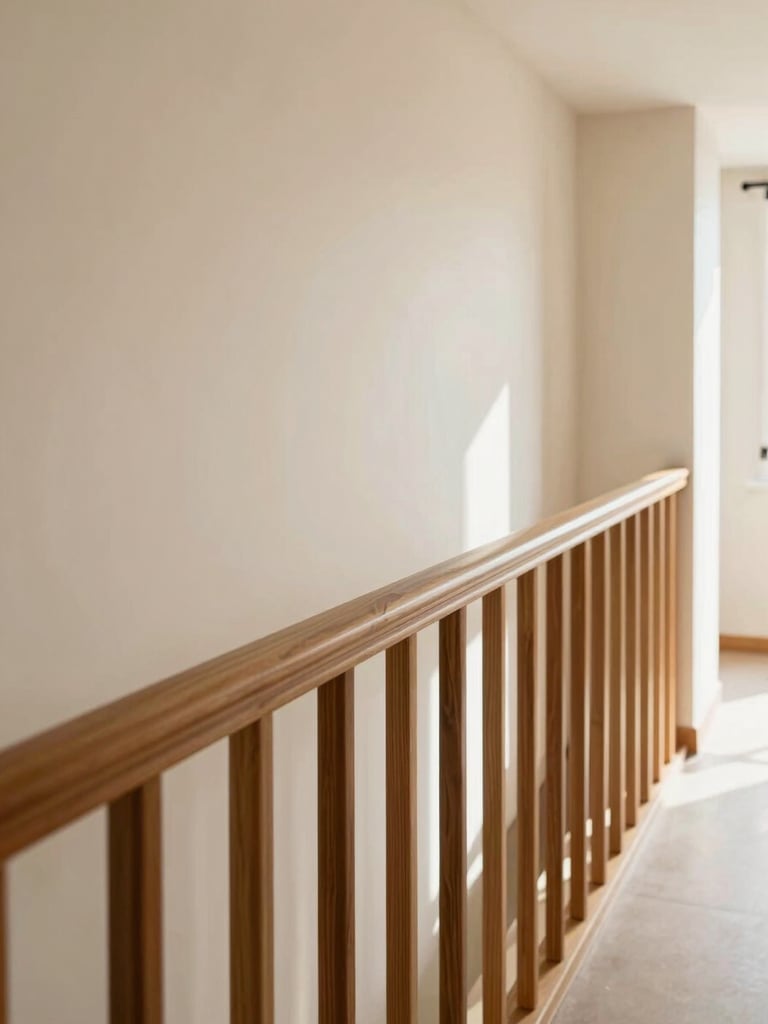 Close-up of a beautifully integrated wooden handrail along a wide hallway, soft natural light reflecting on smooth plaster walls, warm architectural photography