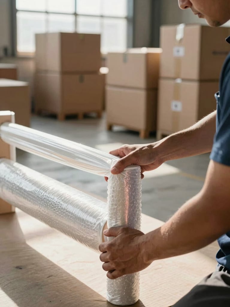 Close-up of trained packing crew hands securing bubble-wrapped furniture legs with industrial stretch film on a sunlit warehouse floor, labeled cardboard boxes stacked in background showing organized operation, natural daylight from large warehouse doors, sharp focus on the wrapping hands conveying precision and care