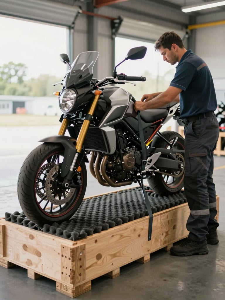 Medium shot of a motorcycle being secured inside a wooden crate with foam padding on a warehouse floor, a worker in uniform tightening straps around the bike frame, natural daylight from loading bay doors, clean organized environment