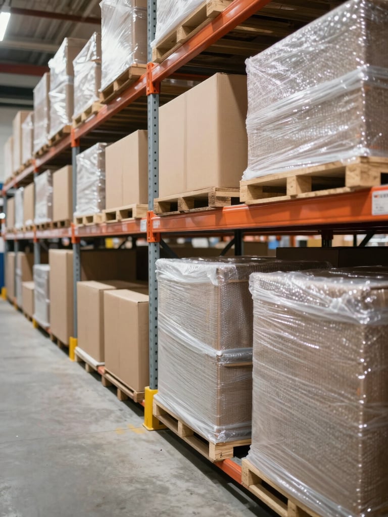 Close-up wide shot of organised warehouse shelving aisles, neatly stacked labelled cardboard boxes and bubble-wrapped furniture pieces on metal racks under bright fluorescent lighting, clean concrete floors visible, communicating scale and systematic order
