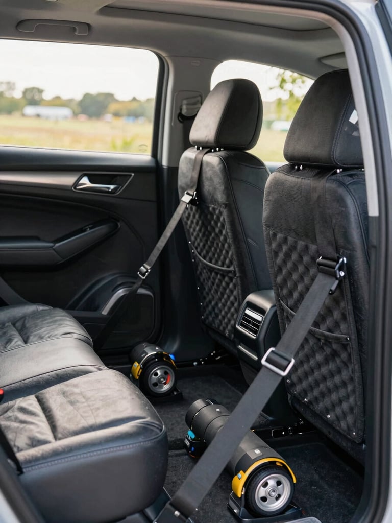 Close-up wide shot of a car secured inside an enclosed carrier with heavy-duty straps and wheel chocks, interior lighting revealing protective foam padding on door panels, natural daylight streaming through the carrier opening