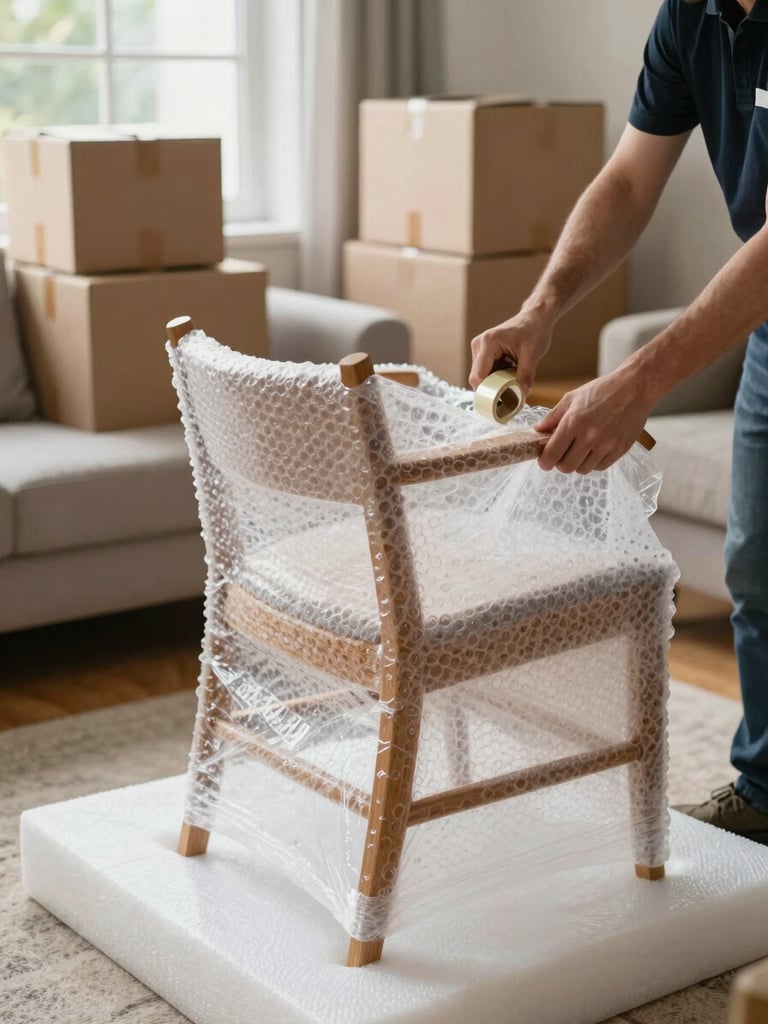 Close-up of professional packing staff wrapping a wooden chair in thick bubble wrap and foam padding on a residential living room floor, natural window light, reinforced cardboard boxes stacked neatly in background, hands visible securing the wrap with tape