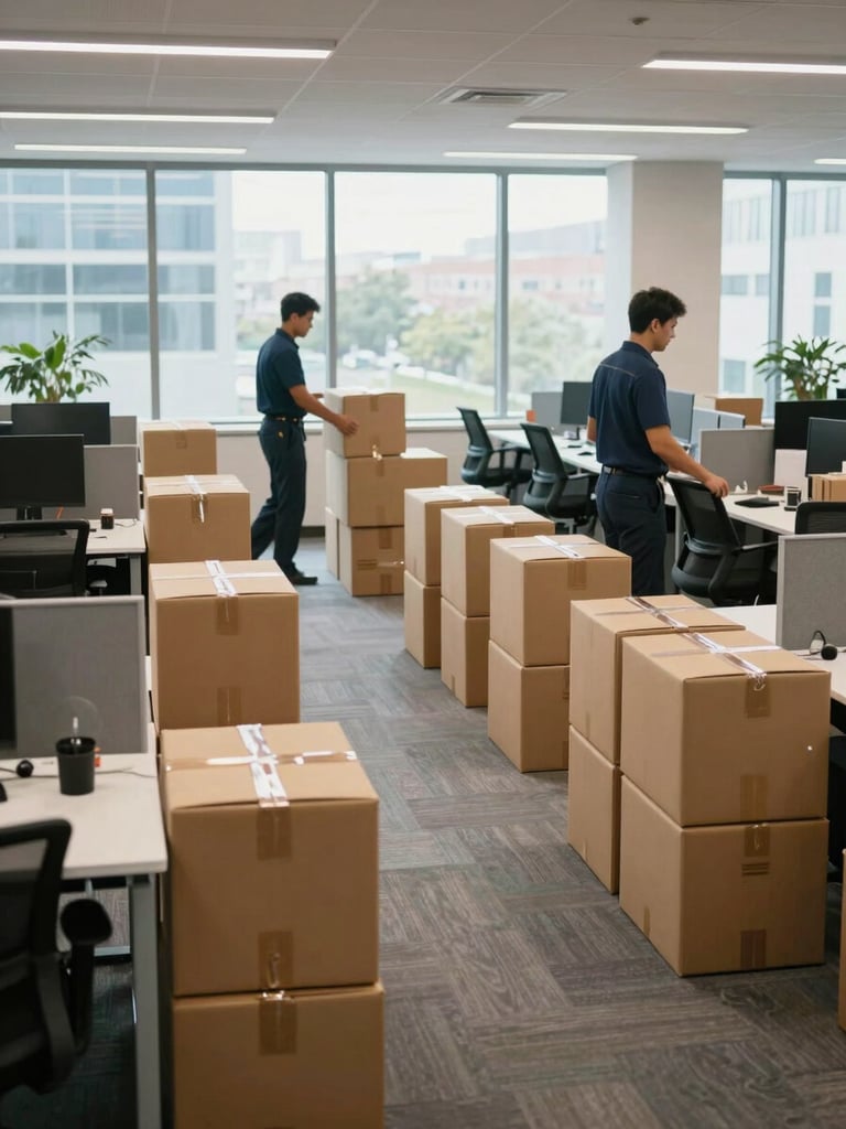 Wide environmental shot of a corporate office floor mid-relocation — labeled cardboard boxes stacked in organized rows beside open-plan desks, two uniformed staff members securing office chairs with stretch wrap, natural daylight through floor-to-ceiling windows, clean polished floors, sense of methodical order and scale