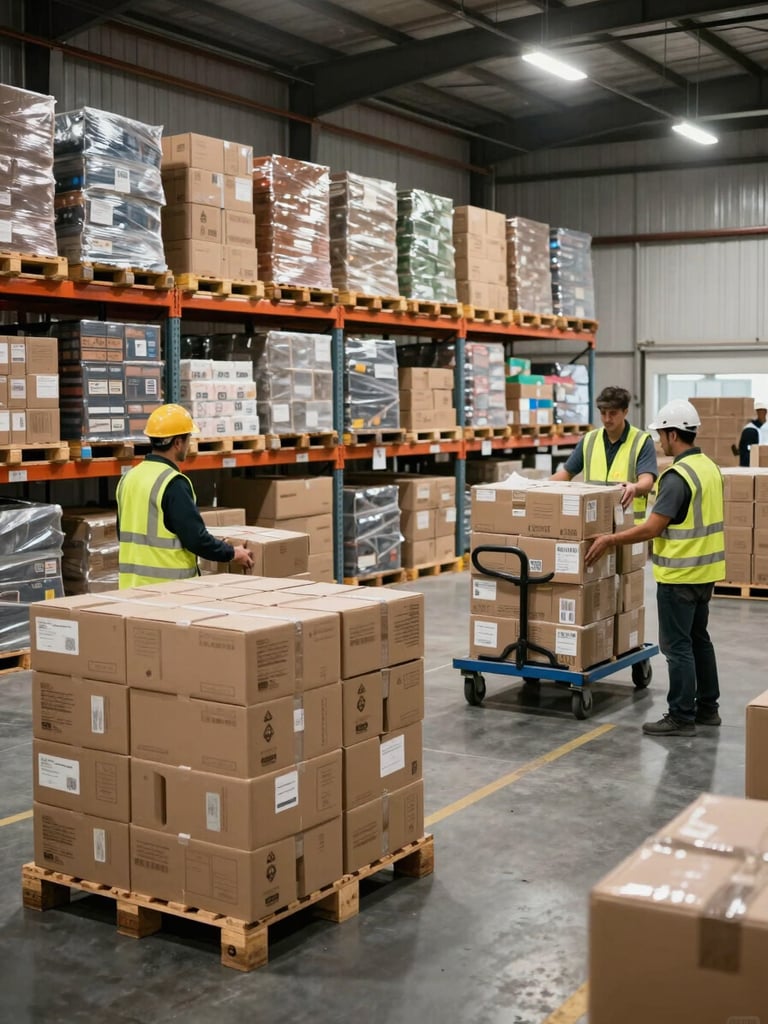 Wide environmental shot of a warehouse interior, stacked labeled boxes on pallets, workers in hi-vis vests loading a trolley under bright overhead lighting, organized rows of packed goods visible in the background