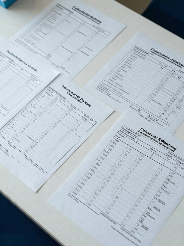 Overhead flat-lay of printed sterility certificates, DRAP registration documents, and lot-traceability sheets arranged on a white institutional desk under cool daylight, batch numbers legible, no hands, clinical and orderly