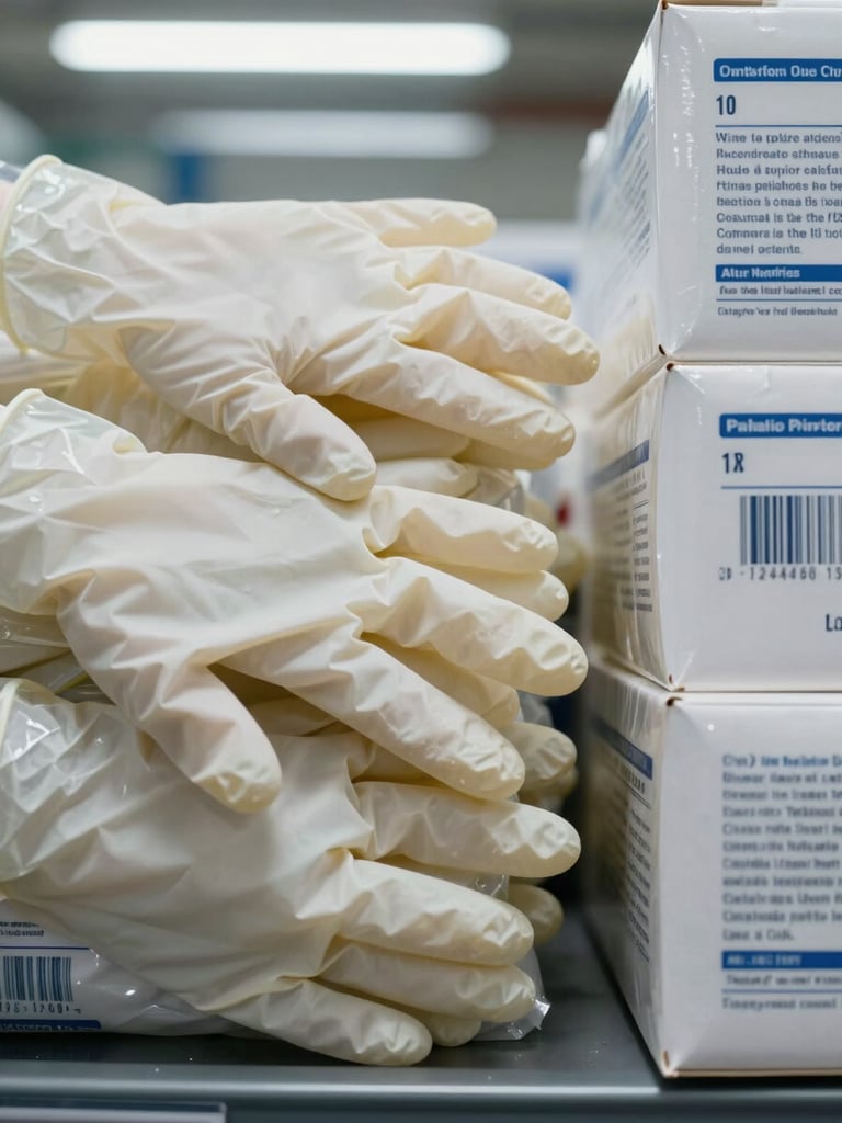 Close-up overhead flat-lay of stacked nitrile examination gloves in institutional packaging, visible lot number and batch code printed on box label, cool fluorescent warehouse light, sharp detail on glove texture and printed compliance markings, right-edge composition with packaging extending to frame edge