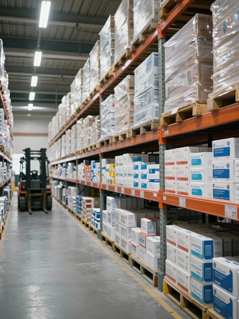 Wide panoramic shot inside a large medical supply distribution warehouse, rows of shelving stacked floor-to-ceiling with boxed consumables to the right third, a forklift moving in the far background left, cool institutional fluorescent overhead lighting, no people in foreground, documentary framing emphasizing scale and operational readiness