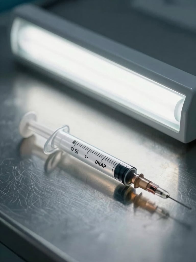 Extreme close-up of a syringe barrel lying flat on a stainless steel surface under institutional fluorescent light, legible batch number and DRAP registration stamp visible on the label, overhead framing, cool clinical white light, no hands, no background clutter
