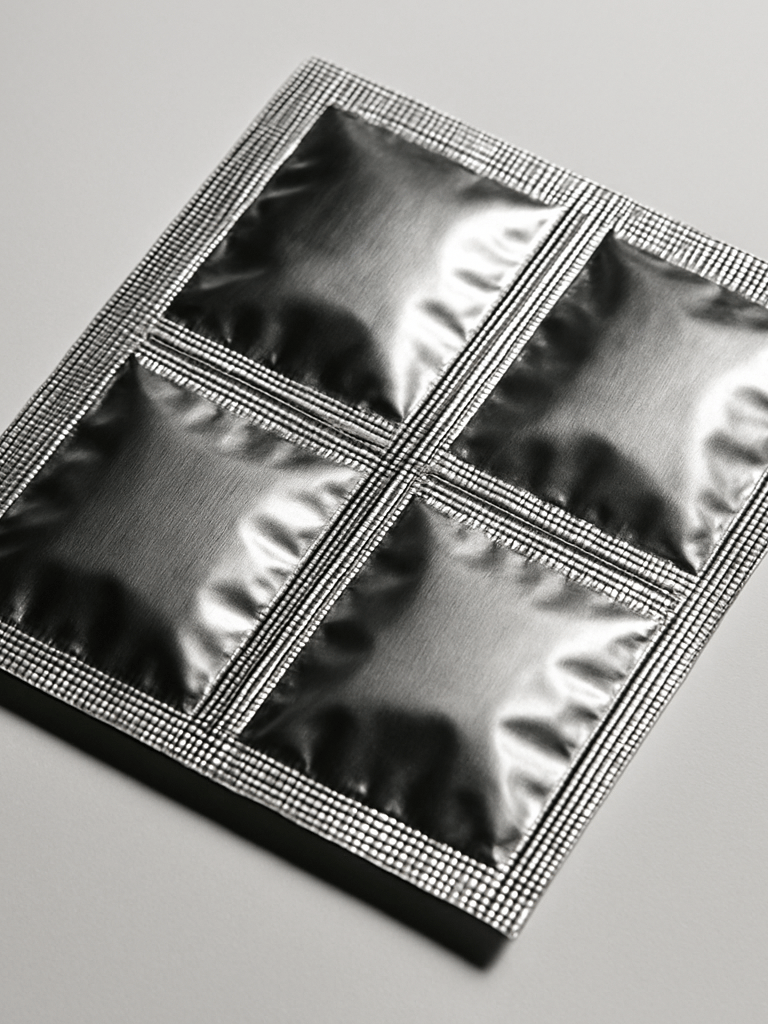 Overhead studio shot of a four-compartment sachet laid flat on a white surface, angled light revealing the raised seam ridges between chambers, foil material reflecting strobe highlights, engineering detail sharp and clinical