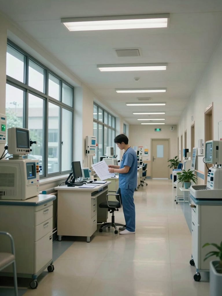 Wide shot looking along a hospital ICU corridor, north-facing daylight through tall windows on the left, a clinician in scrubs reviewing printed data sheets at a nursing station in the middle distance, medical equipment visible on both sides of the frame, clinical fluorescent overhead lighting, documentary framing with generous negative space above