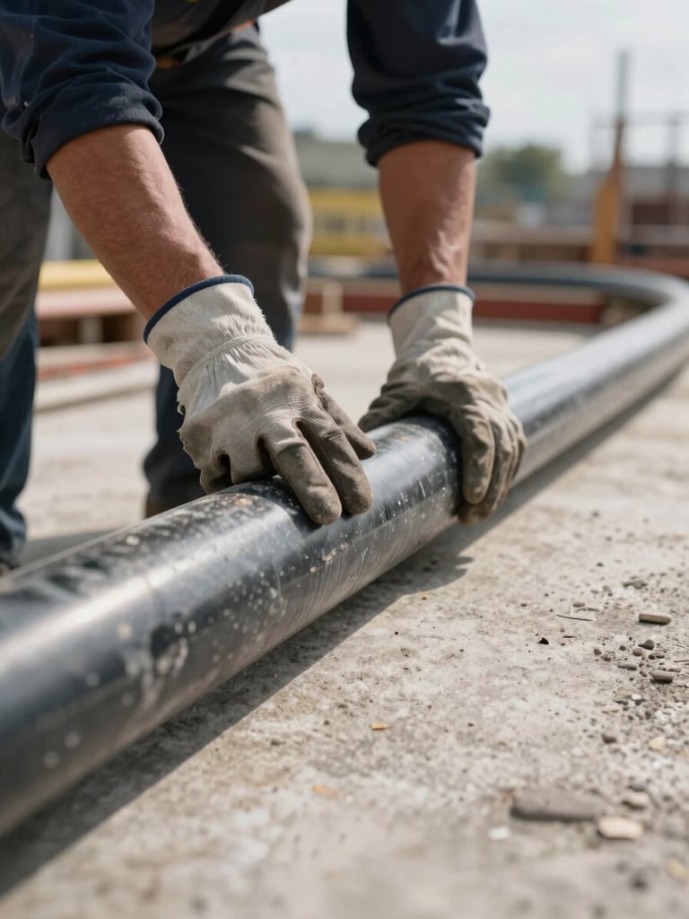 Tight frame looking down at a worker's gloved hands gripping a heavy cable conduit on a construction site, natural overcast morning light, concrete floor visible, hard shadows across knuckles, no faces visible