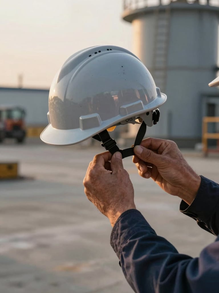 Tight documentary frame of a worker's hands fastening a hard hat chinstrap on a grey industrial site, early morning gold light cutting from the left, concrete floor visible below, no face, mid-task focus