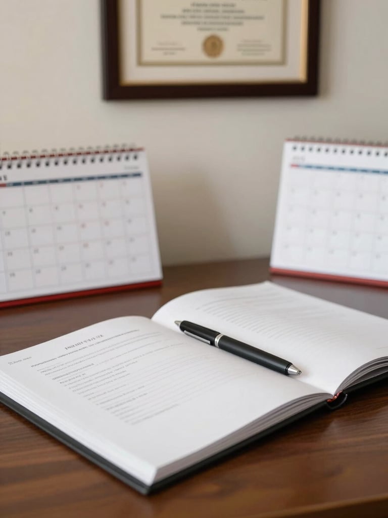Medium shot of a tidy notary desk with an open document folder, appointment calendar, and a visible notary commission certificate framed on the wall behind, bright even indoor light, no people