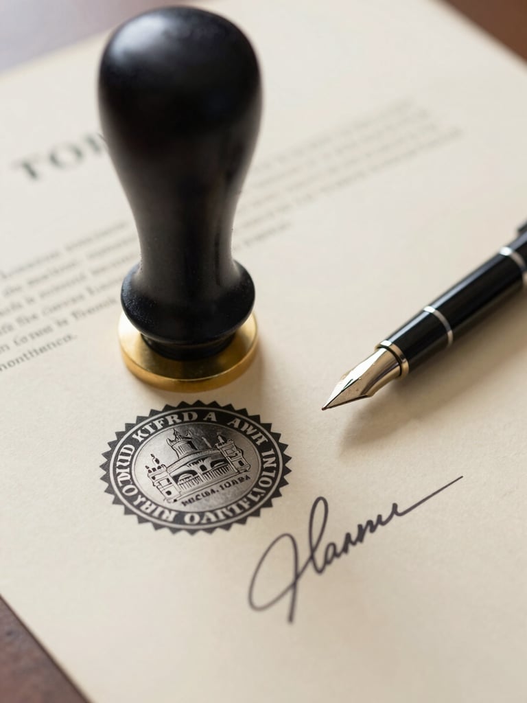Tight close-up of a freshly notarized legal document, the official Florida notary embossed seal pressed into the paper at lower left, a pen resting beside a wet signature line, bright even indoor daylight from the left, shallow depth of field, cream document surface filling the frame