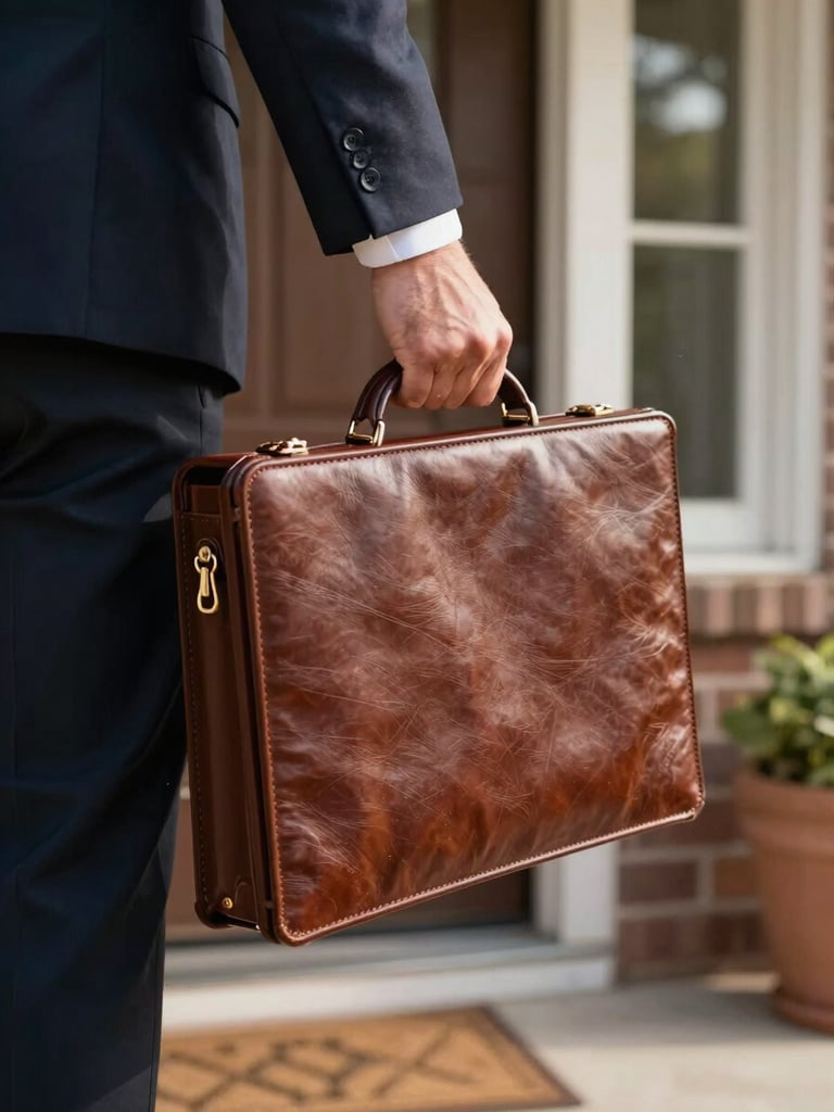 Close-up of a notary arriving at a residential front door, leather document folio in hand, warm afternoon light on a Florida neighborhood porch, tight framing on hands and briefcase