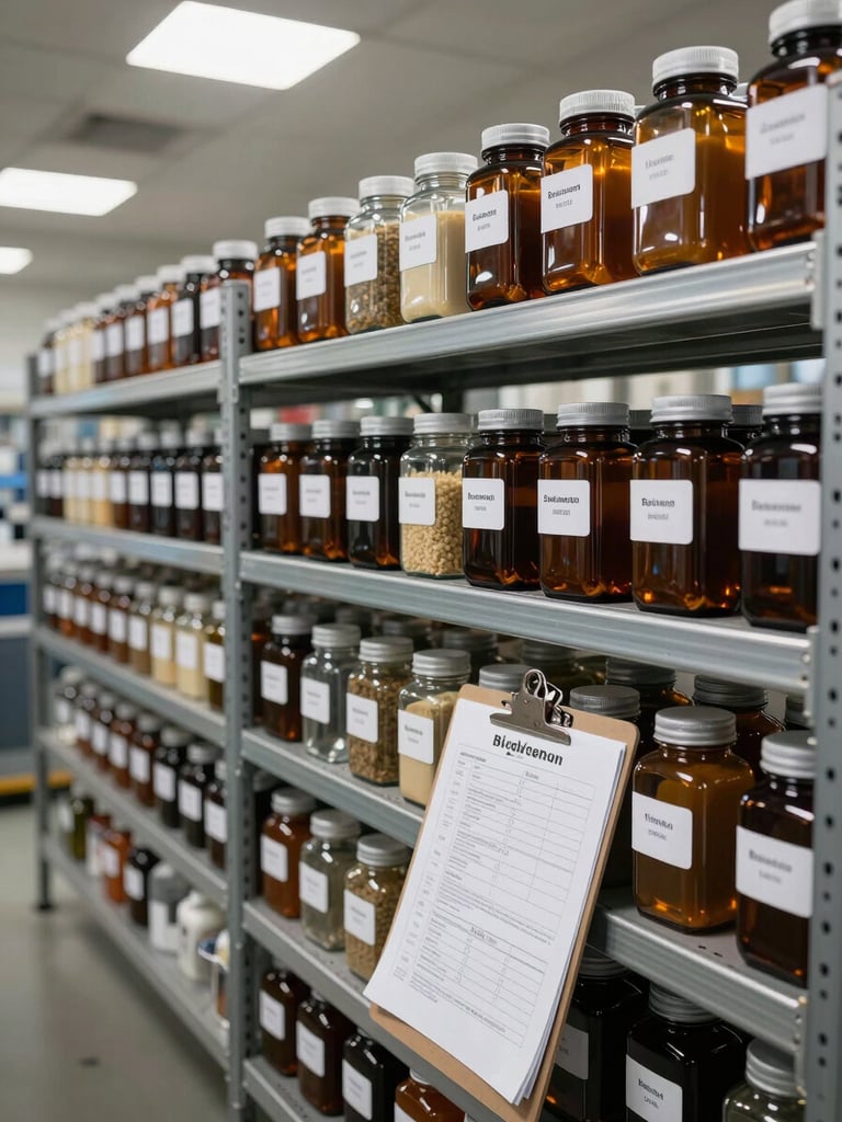 Wide environmental shot of a manufacturing facility interior shelf holding rows of labeled ingredient containers in amber and clear glass, batch documentation papers clipped to a clipboard resting against the lower shelf, bright functional overhead lighting, no people, neutral concrete floor visible at bottom edge