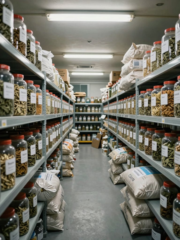Wide environmental shot inside a herbal manufacturing facility storage area — rows of labeled ingredient containers and sealed bulk sacks arranged on shelving under cool overhead fluorescent light, no people, realistic working storage environment