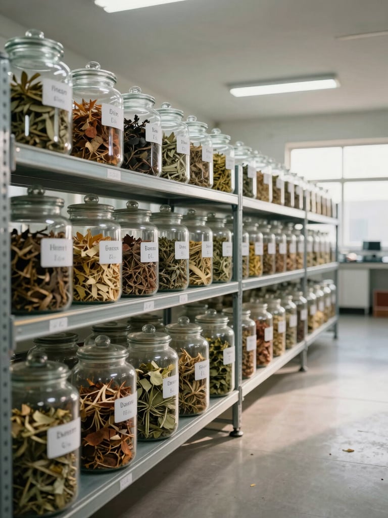 Wide environmental interior shot of a herbal manufacturing facility — rows of labeled raw material containers and glass jars of dried botanicals on metal shelving under bright overhead fluorescent and natural side light, facility floor visible, no people present