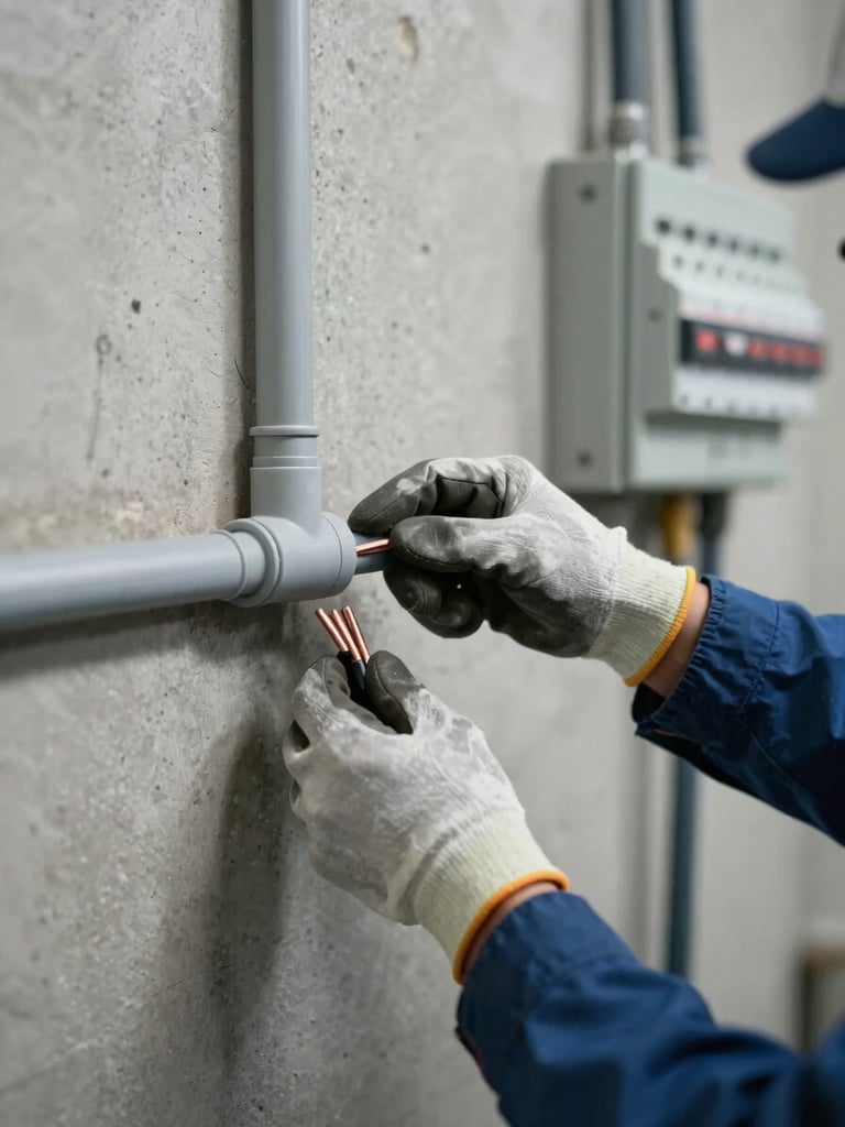Medium shot of an electrician's gloved hands routing grey conduit along a concrete commercial wall, overcast industrial lighting, copper wire ends visible at the conduit mouth, out-of-focus breaker panel in background