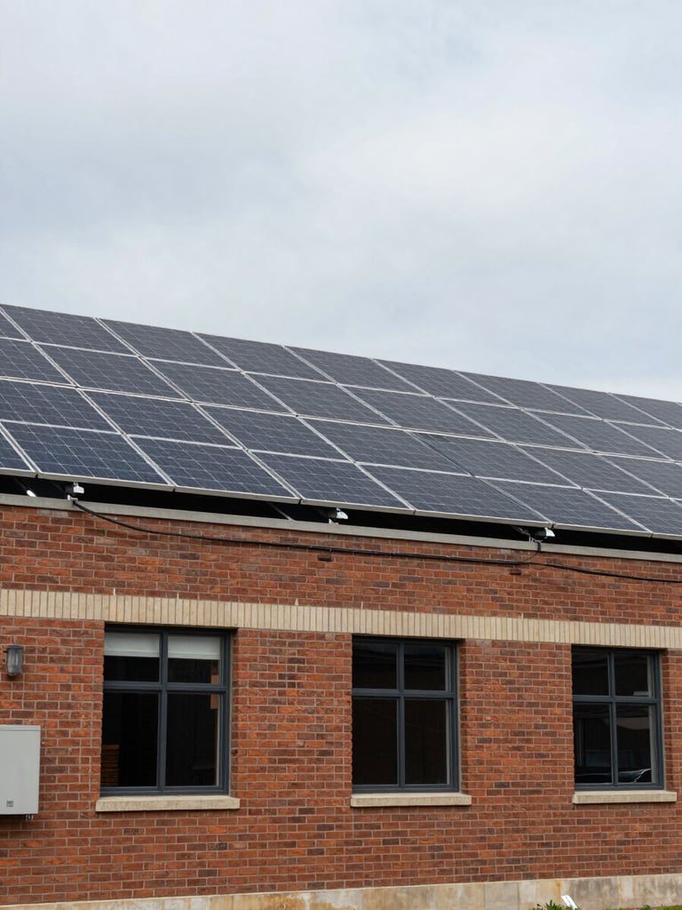 Close environmental shot from ground level looking up at a completed solar array on a two-storey brick commercial building, overcast flat daylight, wiring conduit visible along the fascia, no people, documentary framing