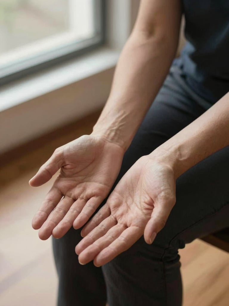 Close-up of a counselor's hands resting open on their knees during a seated session, warm window light falling across the forearms, wooden floor visible beneath, still and unhurried