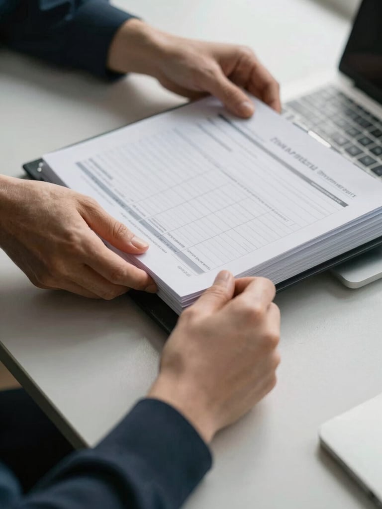 Close-up of hands organizing onboarding folders and compliance checklists on a clean gray desk under bright daylight.