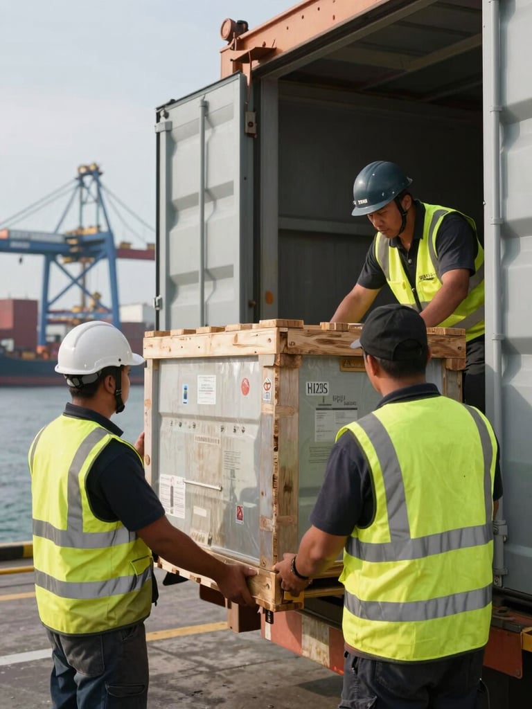 Close-up of dock workers in high-visibility vests unloading a freight pallet from a cargo hold at a French port, natural daylight, industrial scale visible in the background, operational composition