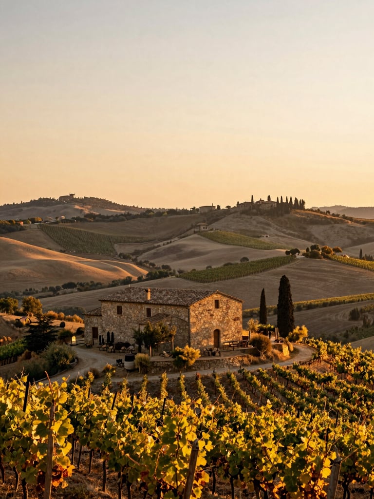 Wide environmental shot of a stone winery building nestled among terraced vineyards in golden-hour light, Tuscany hillside receding into soft haze behind, warm ochre and amber tones, shot from standing level looking slightly upward, generous sky above