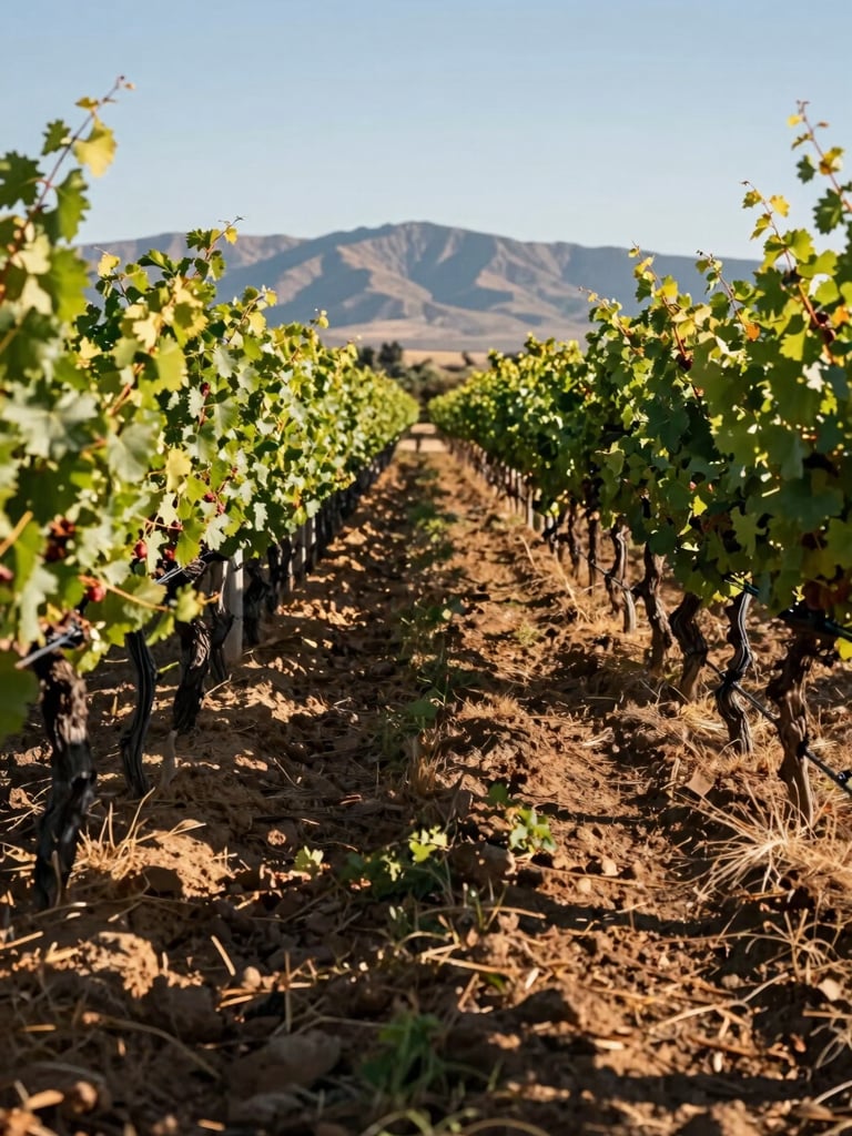 Close view of a vineyard row at ground level in Mendoza, afternoon light casting long shadows between vine trunks, Andes foothills visible in the far distance, no people, soil and leaf detail visible