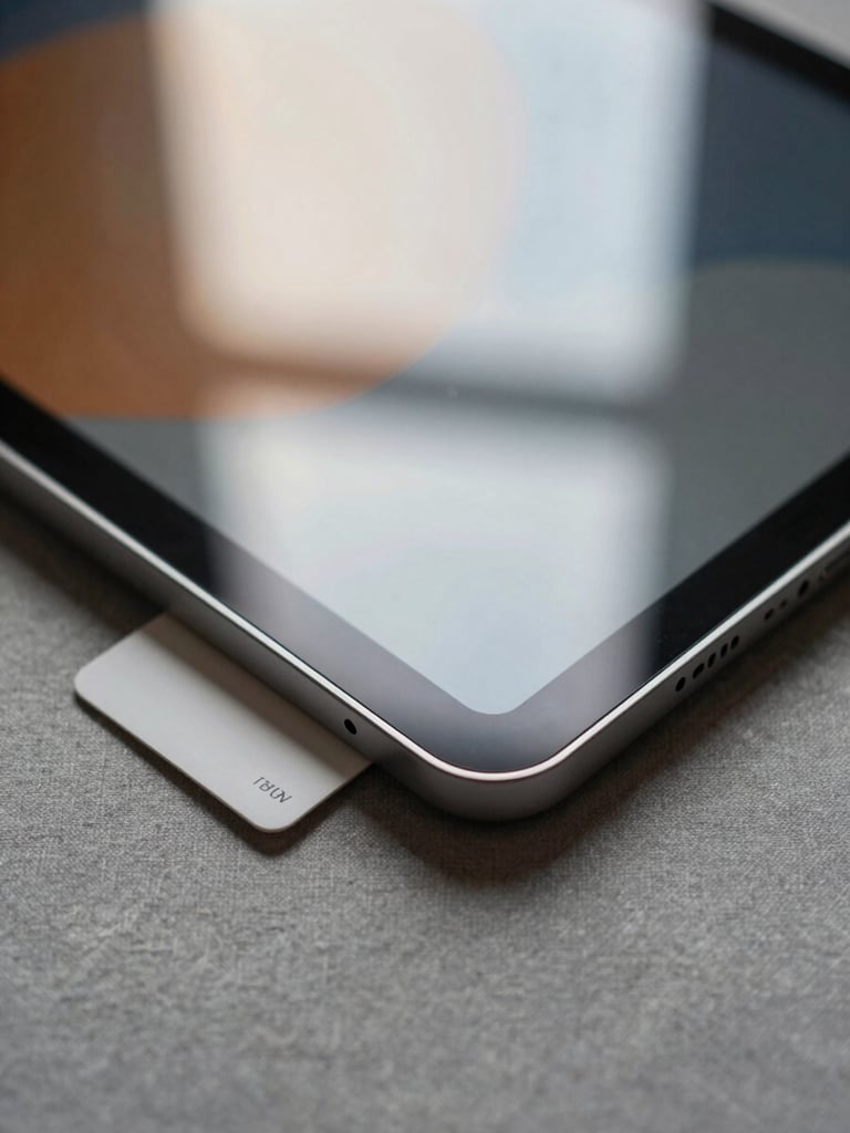 Extreme close-up overhead of a tablet edge and display corner resting on a warm grey linen surface, the display glass catching diffuse north-facing daylight, the aluminium frame edge sharp and precise, a Pantone swatch card half-tucked beneath the device corner — no UI visible on screen, soft warm ambient light, no flash