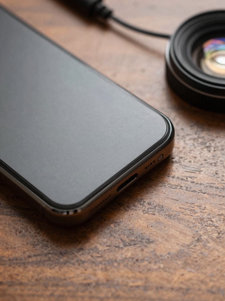 Close overhead study of a phone's bottom edge resting on a wooden studio desk, speaker grille visible in sharp detail, a thin audio cable coiled nearby, warm tungsten studio light, matte surface texture, no screens visible