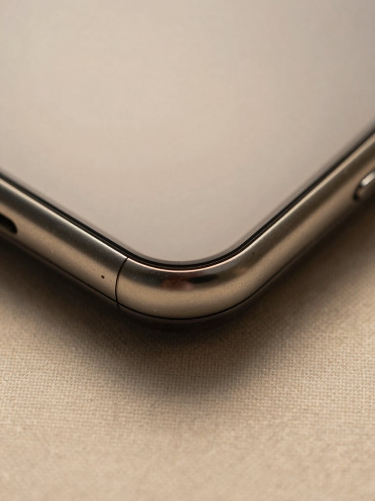 Extreme close-up overhead study of a Bravo phone's metal edge and speaker grille resting on a linen surface, warm tungsten studio light casting a short shadow, the machined chamfer in sharp focus, soft bokeh on the surrounding cloth