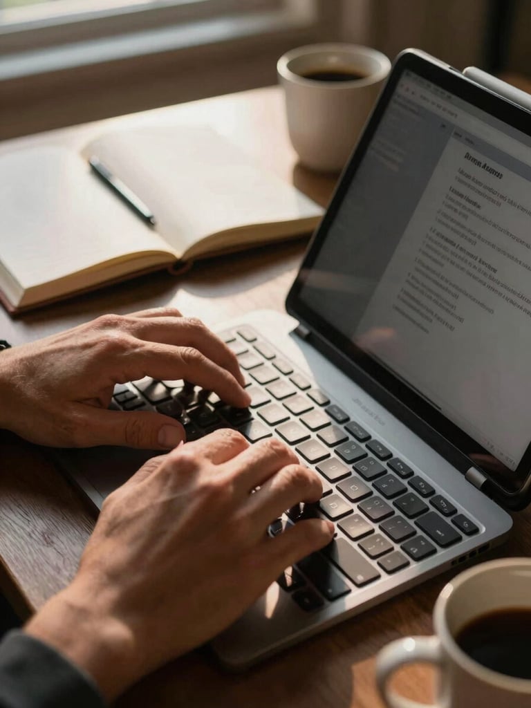 Close-up of a writer's hands on a compact keyboard attached to a Bravo tablet in a quiet workspace, a worn hardcover notebook open beside the device, warm late-afternoon window light raking across the keys, a nearly empty coffee cup at the far edge