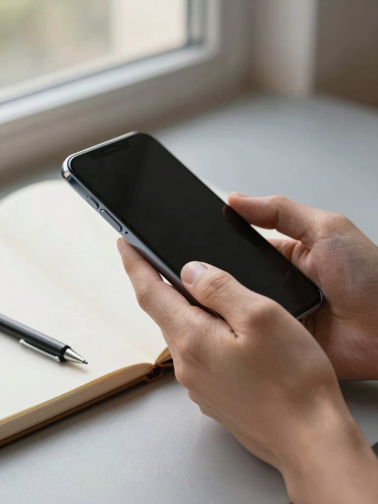 Hands holding a phone with the side edge prominent, a designer's hand resting the device on an open sketchbook, mechanical pencil visible beside it, north-facing window light, warm gray surface, no screens shown, focus on the device's machined metal edge and volume buttons