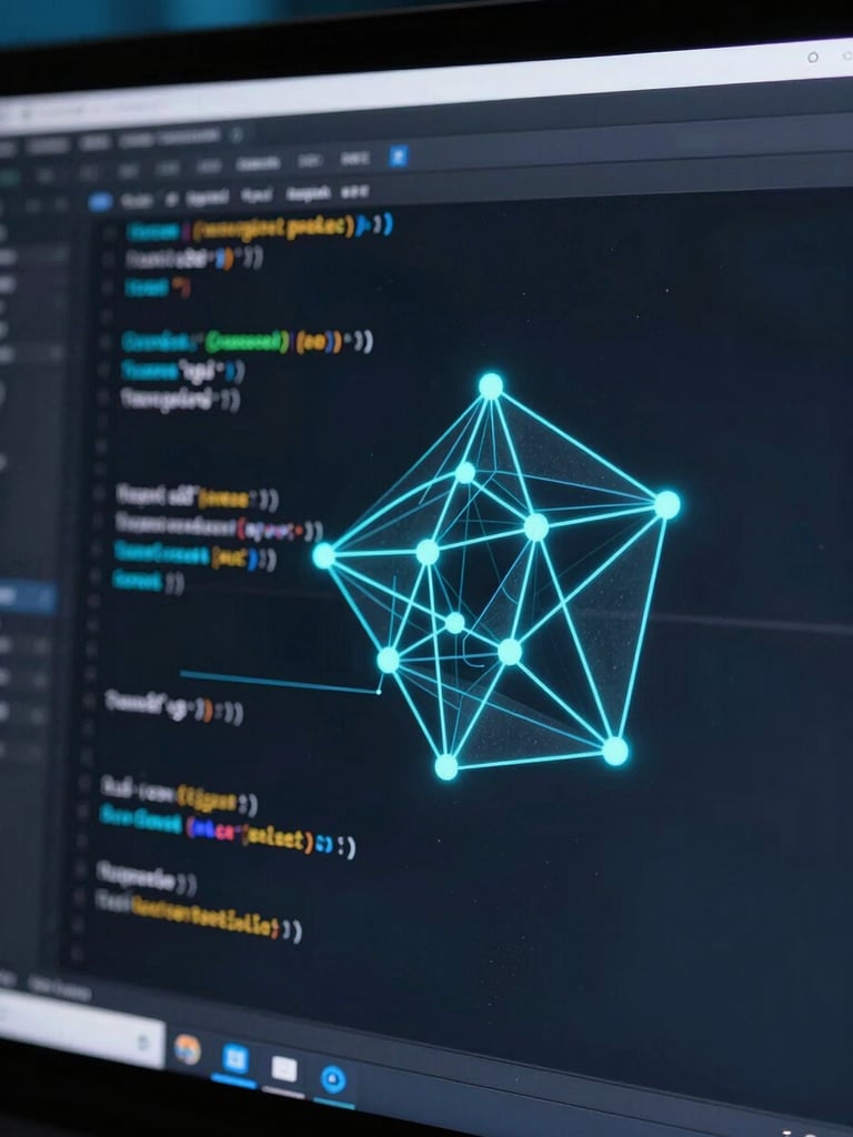 Close-up of a high-fidelity dark-themed code interface with glowing cyan highlights, displaying neural network architecture on a clean screen, soft blue ambient light