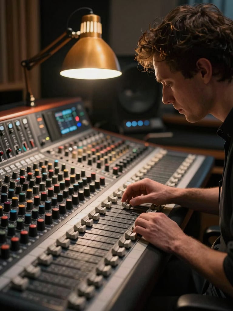 Close-up environmental shot, artist seated at a large studio mixing console, amber desk lamp spilling warm light across the faders, face turned slightly downward in concentration, desaturated shadows framing the edges of the frame