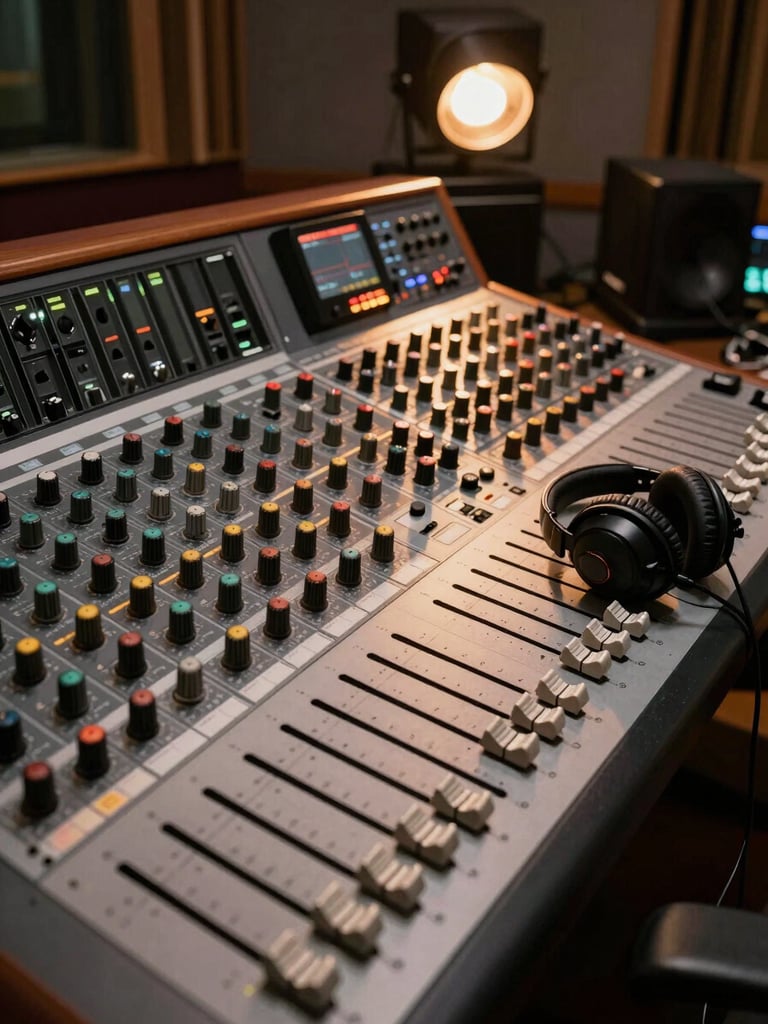 Close overhead shot of a recording studio control surface, amber studio lamp illuminating rows of faders and rotary knobs, a pair of headphones resting on the console edge, desaturated shadows framing the warm-lit gear, no people visible — purely the tools of the session
