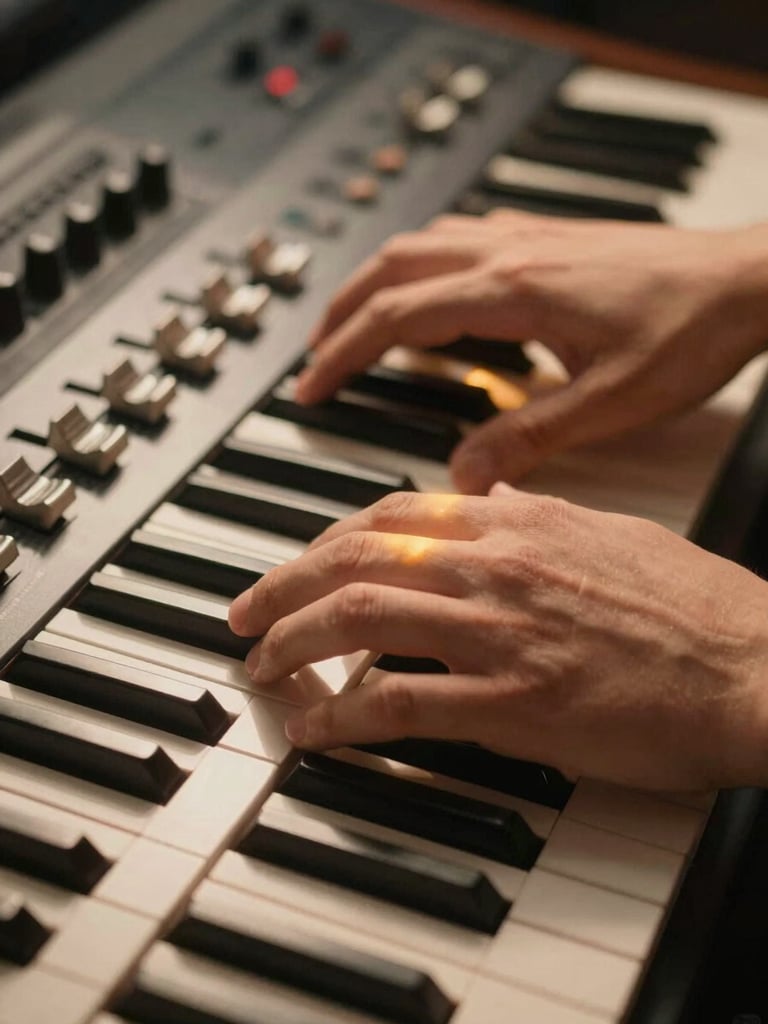 Tight overhead shot of hands resting on studio keyboard keys under warm amber overhead light, control surface faders visible in the soft background, desaturated tones with golden highlights on fingertips