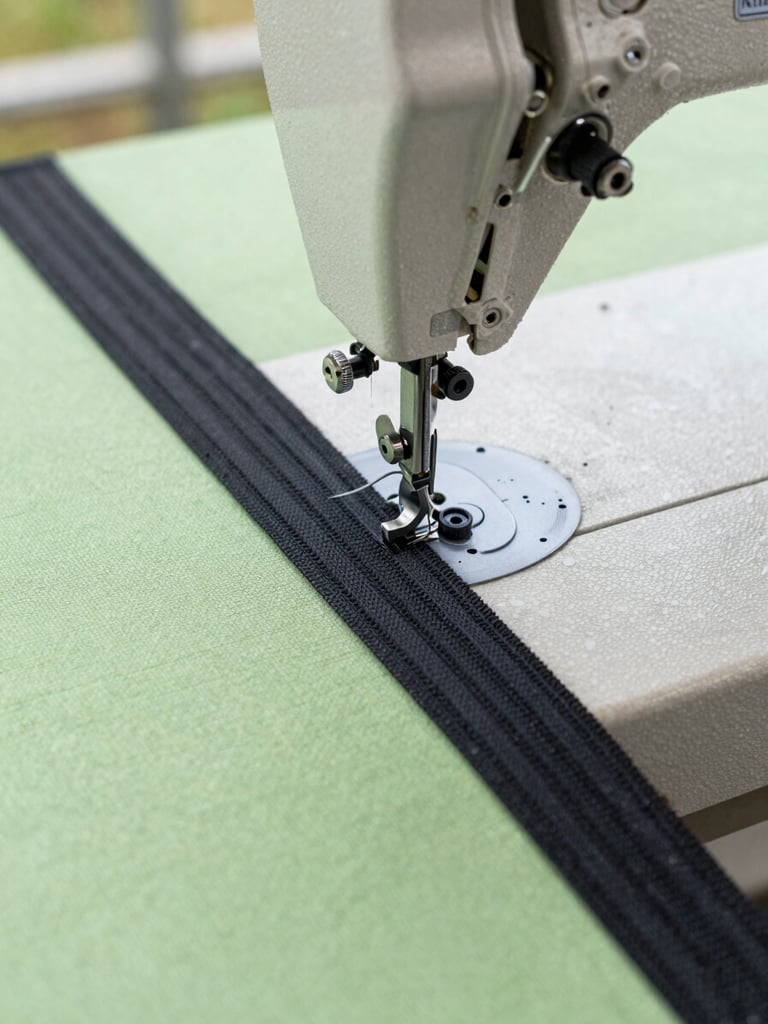 Macro shot of heavy-duty industrial sewing machine stitching a reinforced black webbing border onto woven shade cloth, 35mm