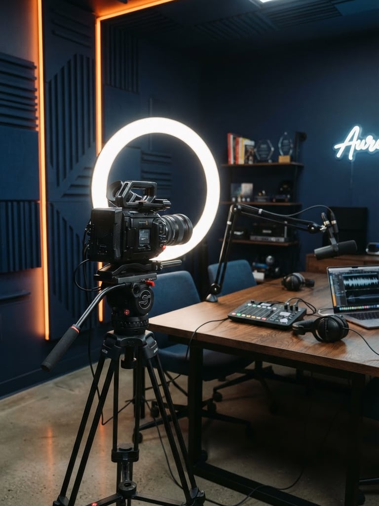 Crisp editorial photography of a professional video podcast studio, high-end camera on a tripod, glowing ring light, clean architectural lines, deep navy backdrop with vibrant orange accent light, 35mm.
