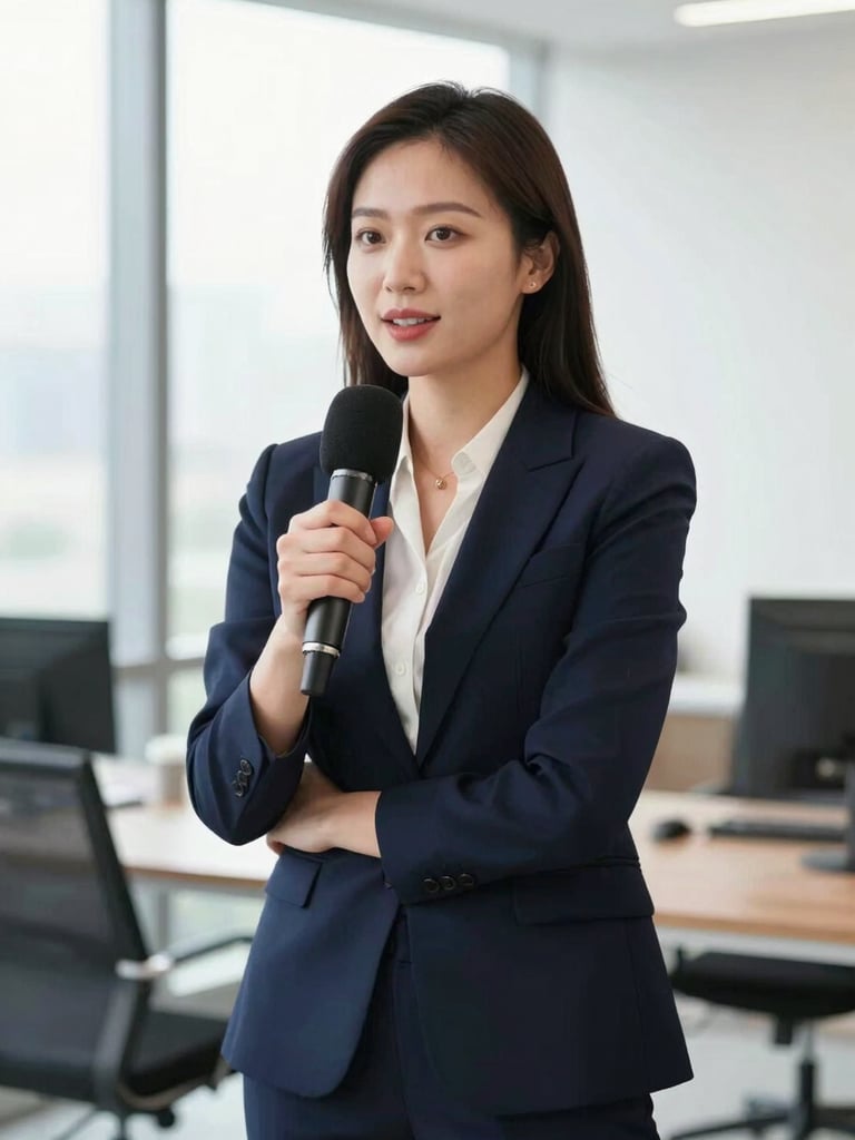 Confident real estate agent speaking into a high-end microphone in a bright, modern office with soft window light, crisp editorial photography