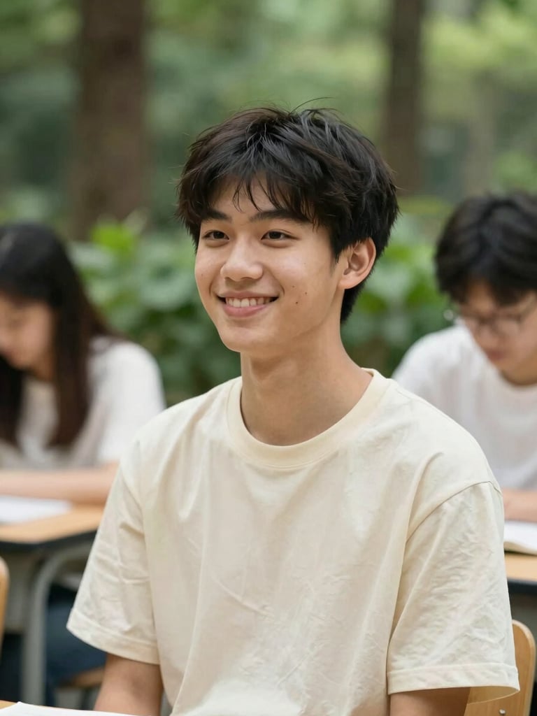 A student in an active learning environment, smiling warmly under natural daylight, shallow depth of field, rich forest green accents.