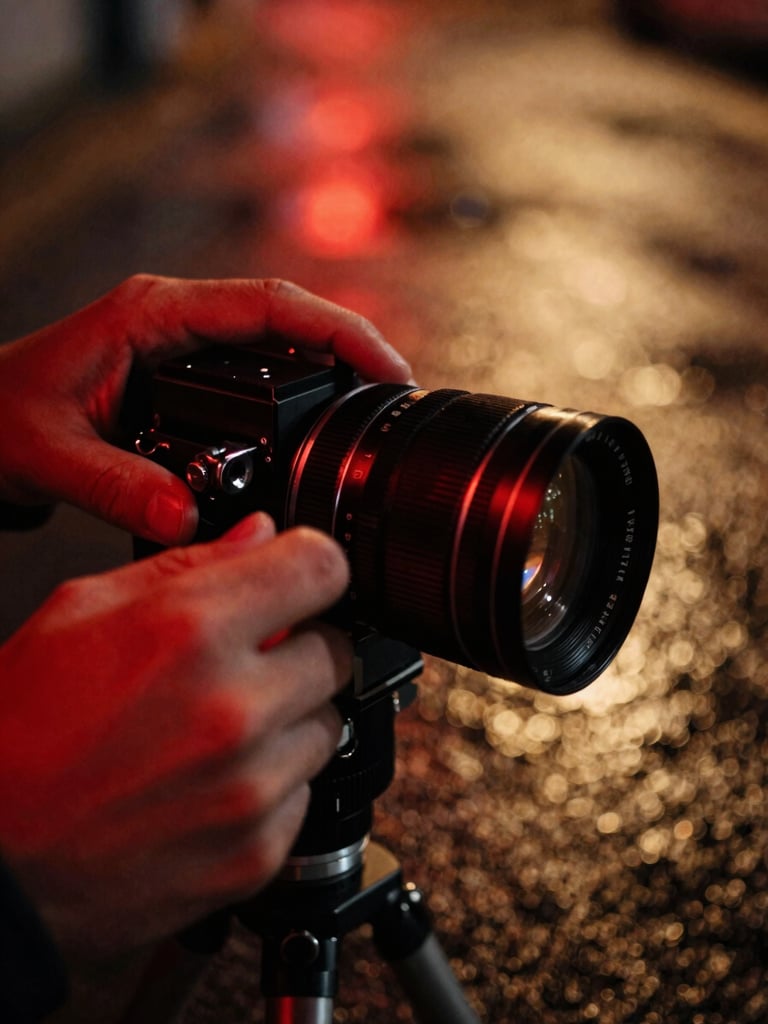 Close-up of hands adjusting the focus ring on a vintage cinema lens, warm neon red and gold light reflecting on wet pavement in the background, cinematic grain.