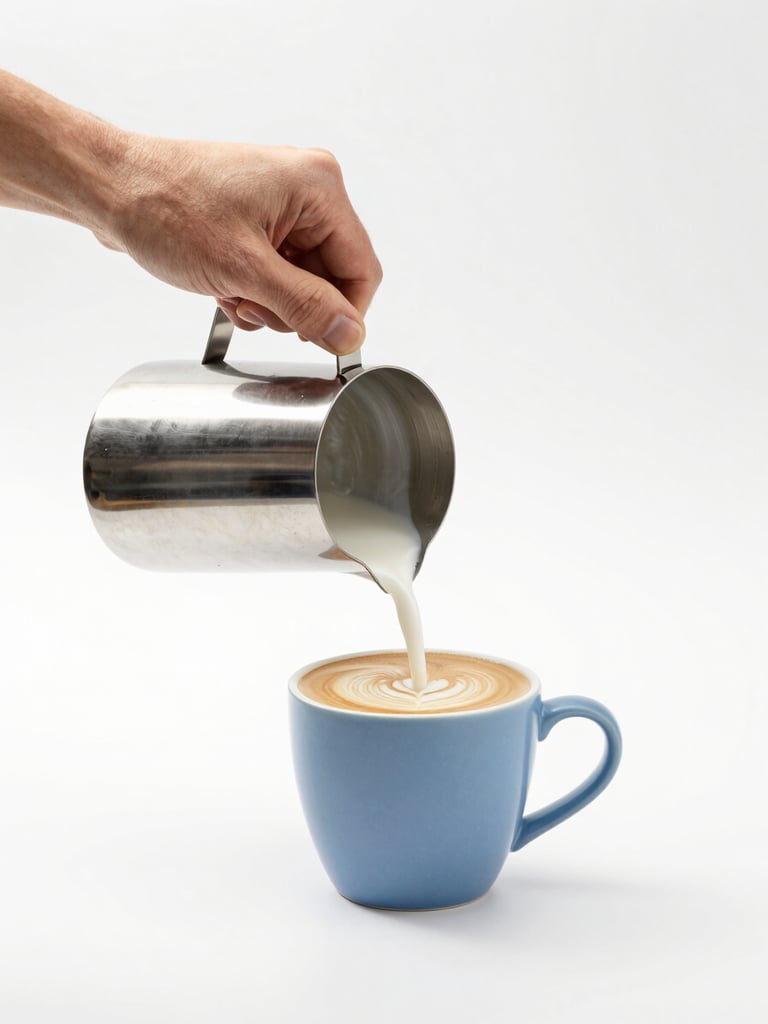Hands of a professional barista pouring milk art into a minimalist blue cup, clean bright studio background
