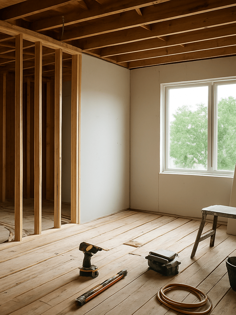Wide environmental shot of a residential renovation interior on Montreal South Shore — framing studs exposed on the left side, new drywall panels being installed on the right, natural daylight flooding through a large window opening, wood floor substructure visible below, tools and materials staged in foreground