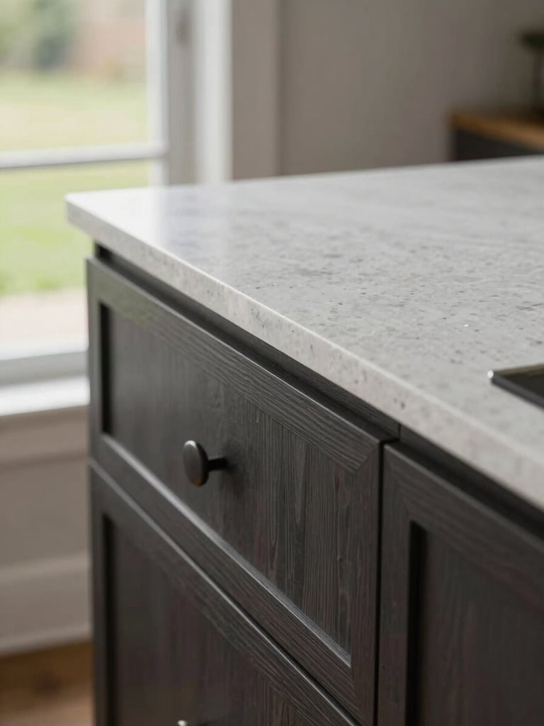 Close-up of a freshly installed kitchen counter edge — white quartz surface meeting dark cabinetry, natural daylight from a window to the left, wood grain detail visible on the cabinet face, no people, sharp focus on material craftsmanship in a Rive-Sud suburban home