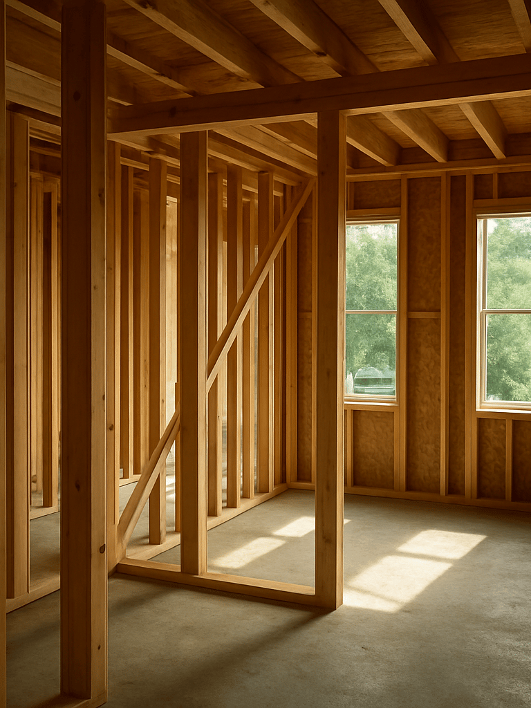 Close-up environmental shot inside a residential addition under construction in a South Shore suburb, exposed wood stud framing of a lateral annex, natural daylight streaming through unfinished window openings, concrete slab floor visible below