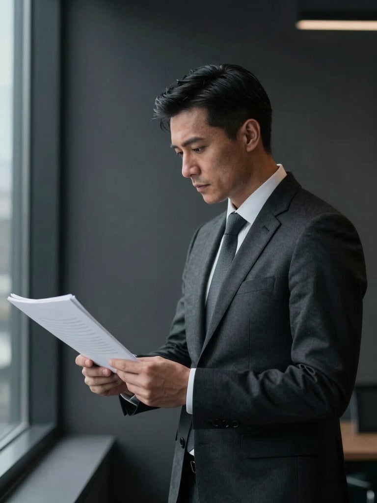 A professional director in a dark suit reviewing corporate documents by a window, dramatic side lighting, deep slate gray background, high-end corporate editorial, 35mm