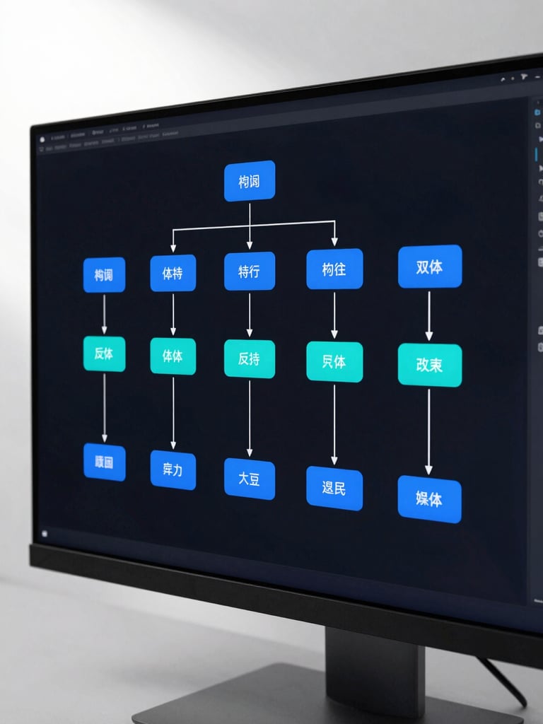Close-up of a wide monitor showing a semantic content architecture diagram — interconnected topic nodes in electric blue and cyan on a dark near-black canvas, arrows indicating citation flow between entities, clean technical annotation lines, high-key studio lighting from above left